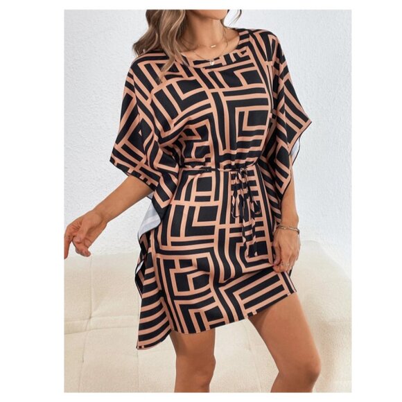 SHEIN Dress Clasi Allover Print Batwing Sleeve Belted, Women's, M - Picture 6 of 7